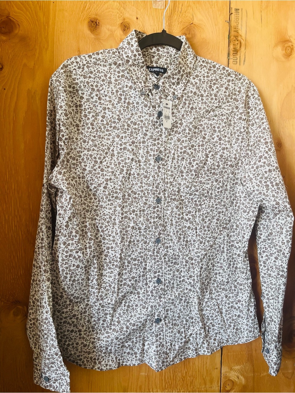 Express Men's White Shirt with Brown Floral Print